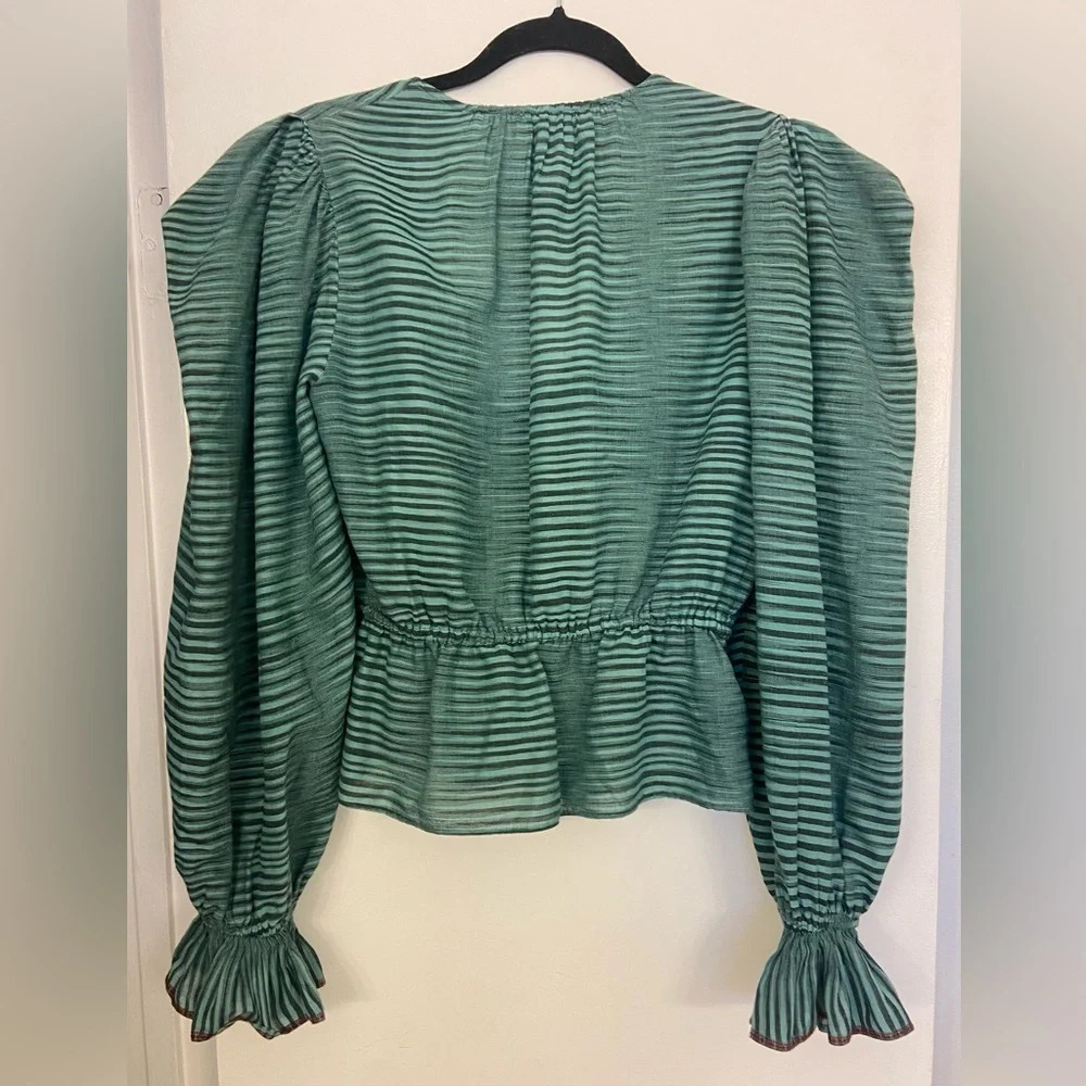 Ulla Johnson Ophelia Ruffle Tie Blouse Stripe Green Size 2 - Picture 4 of 7